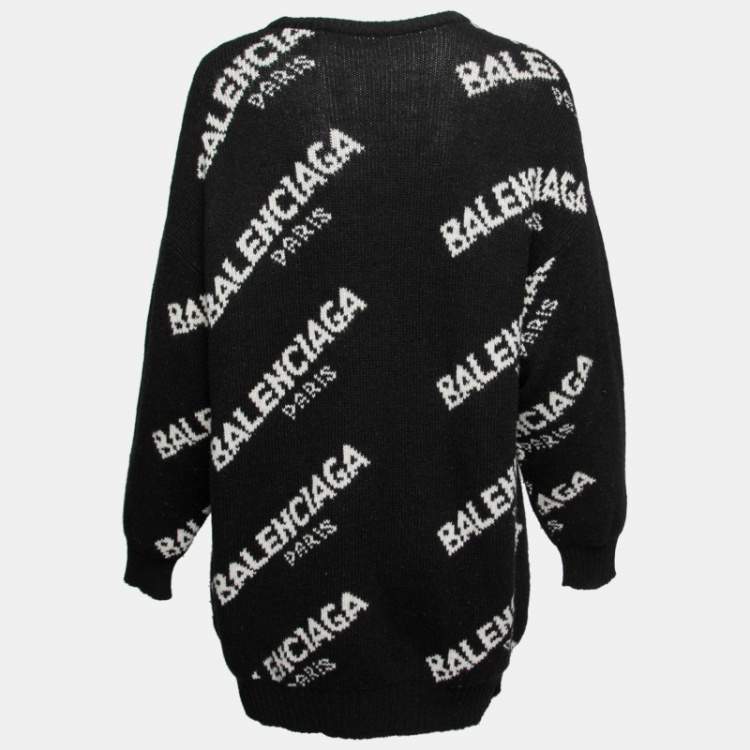 Balenciaga Black Wool Blend Allover Logo Crew Neck Sweater S | TLC