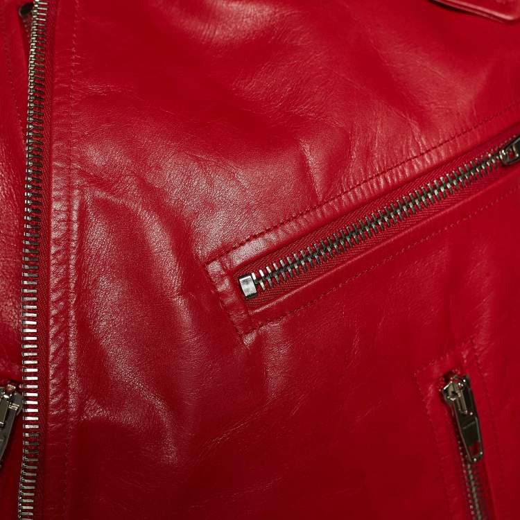 Pre Owned Balenciaga Red Leather Swing Oversized Biker Jacket L