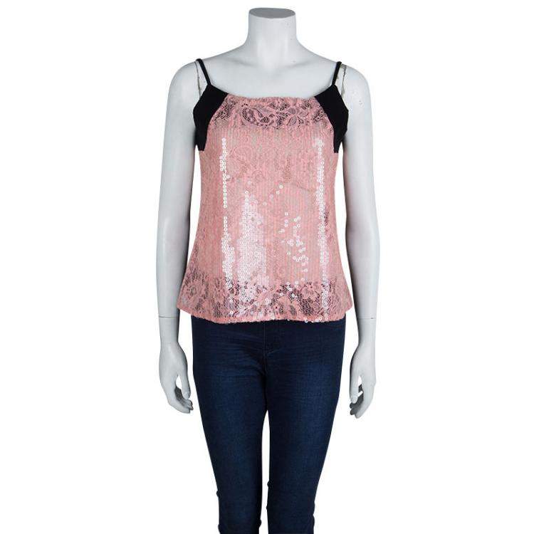 مملوكة مسبقًا Balenciaga Pink Lace Sequin Embellished Sleeveless Top L