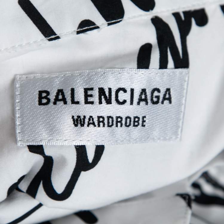 Pre Owned Balenciaga White & Black Signature Logo Print Cotton Oversized Shirt S