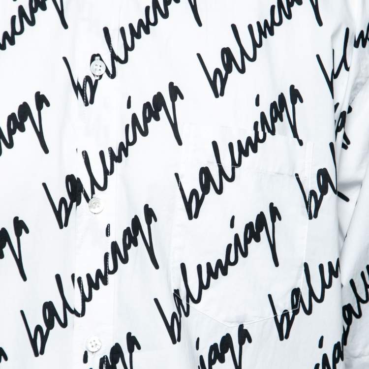 Pre Owned Balenciaga White & Black Signature Logo Print Cotton Oversized Shirt S