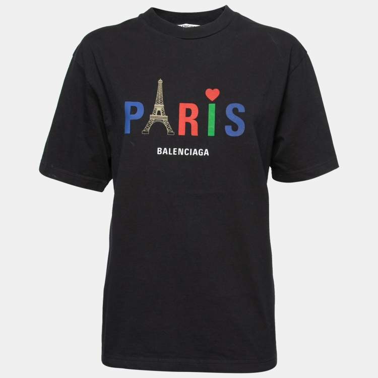 Pre Owned Balenciaga Black Cotton Paris Logo Printed T-Shirt S