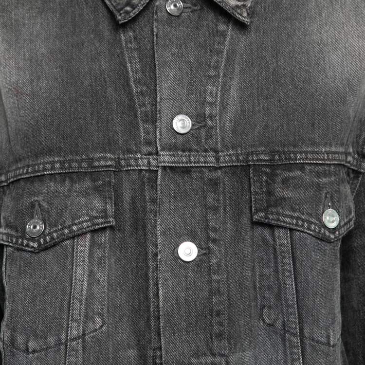 Pre Owned Balenciaga Grey Distressed Denim Logo Print Oversized Jacket S