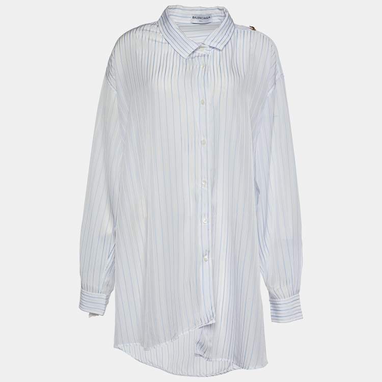 Pre Owned Balenciaga White Striped Crepe Asymmetric Pulled Shirt L