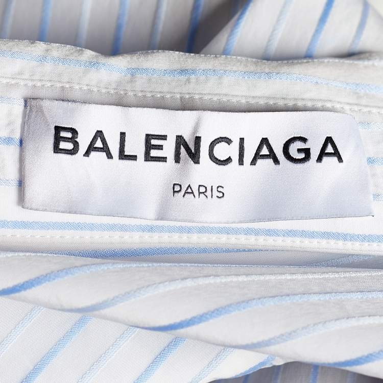 Pre Owned Balenciaga White Striped Crepe Asymmetric Pulled Shirt L