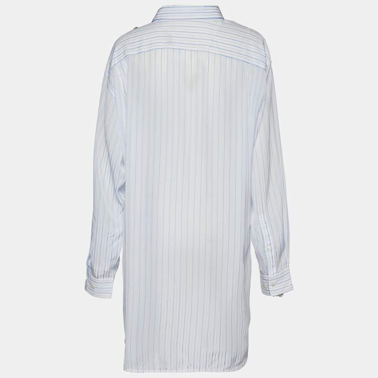 Pre Owned Balenciaga White Striped Crepe Asymmetric Pulled Shirt L