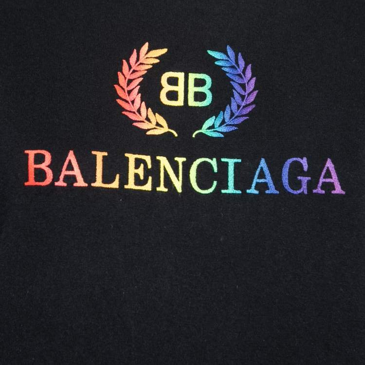 Pre Owned Balenciaga Black Cotton Rainbow Embroidered Logo T-Shirt XL