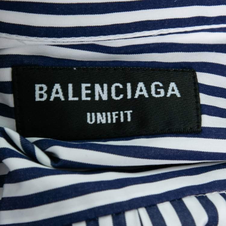 Pre Owned Balenciaga Blue Striped Cotton Poplin Asymmetric Shirt XS