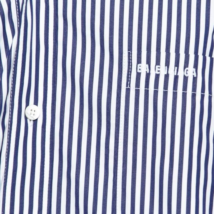 Pre Owned Balenciaga Blue Striped Cotton Poplin Asymmetric Shirt XS