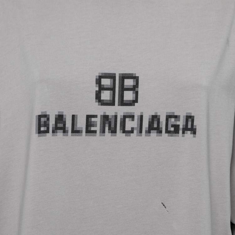 Pre Owned Balenciaga Grey Logo Printed Distressed Cotton Oversized T-Shirt XS