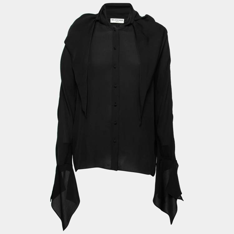 مملوكة مسبقًا Balenciaga Black Silk Crepe Neck Tie Detail Long Sleeve Blouse M