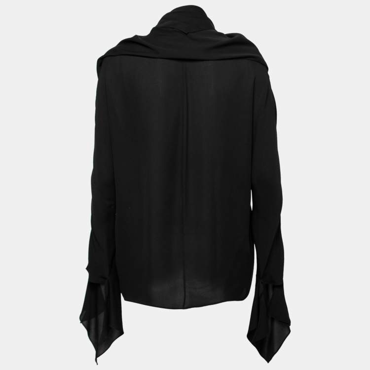 مملوكة مسبقًا Balenciaga Black Silk Crepe Neck Tie Detail Long Sleeve Blouse M