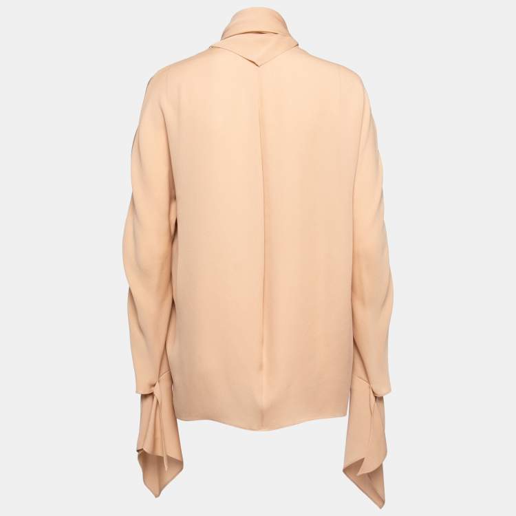 مملوكة مسبقًا Balenciaga Beige Silk Crepe Neck Tie Detail Button Front Blouse M
