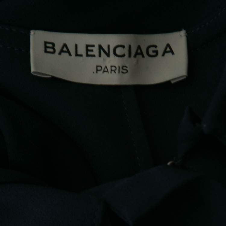 Pre Owned Balenciaga Dark Blue Silk Front-Tie Handkerchief Sleeve Top M