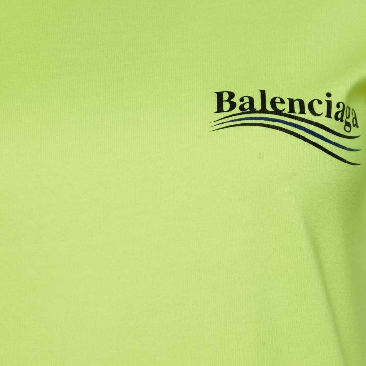 Pre Owned Balenciaga Neon Yellow Political Campaign Logo Print Cotton T-Shirt S