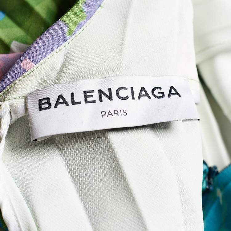 Pre Owned Balenciaga Green Floral Print Crepe Cape Detail Pleated Dress L