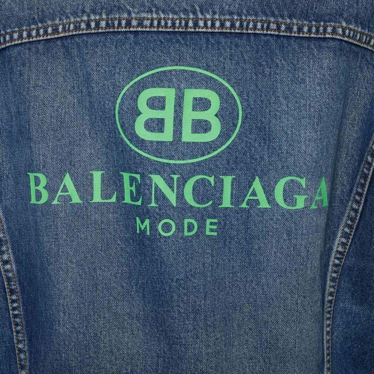 Pre Owned Balenciaga Blue Denim Logo Printed Oversized Jacket S