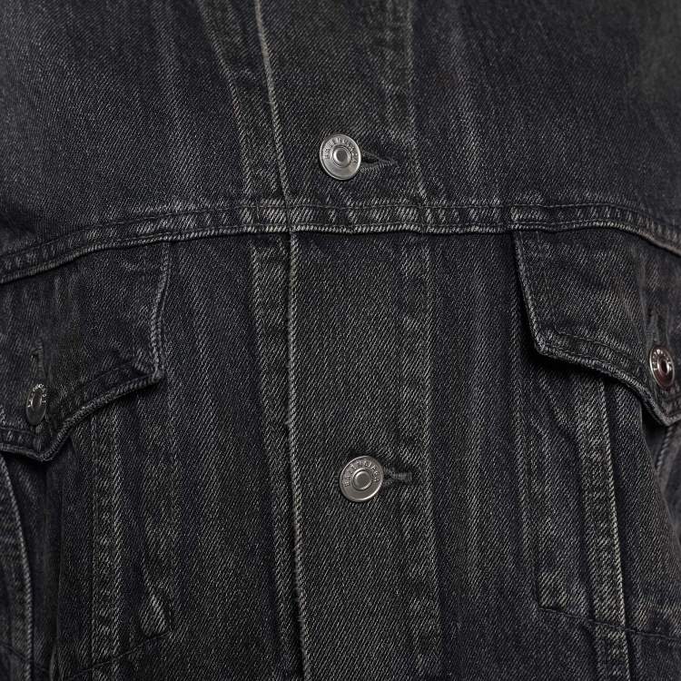 Pre Owned Balenciaga Grey Logo Print Denim Distressed Collar Detail Jacket S