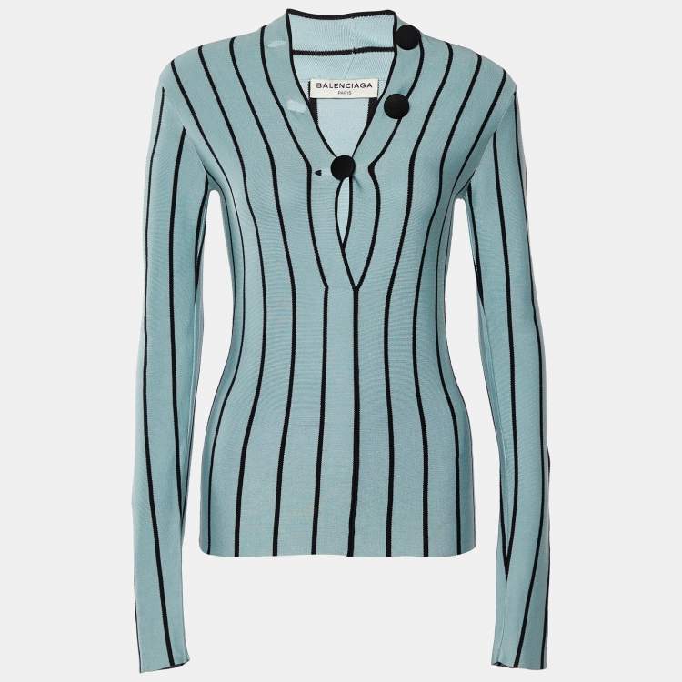 Pre Owned Balenciaga Light Blue Striped Silk Knit Top S