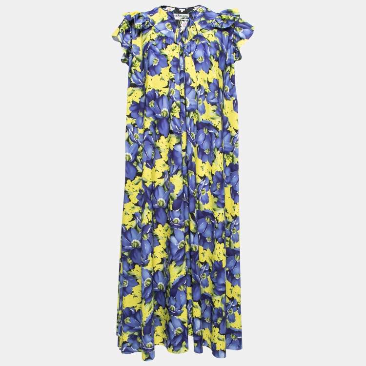 Pre Owned Balenciaga Multicolor Floral Printed Crepe Ruffled Rawcut Dress M