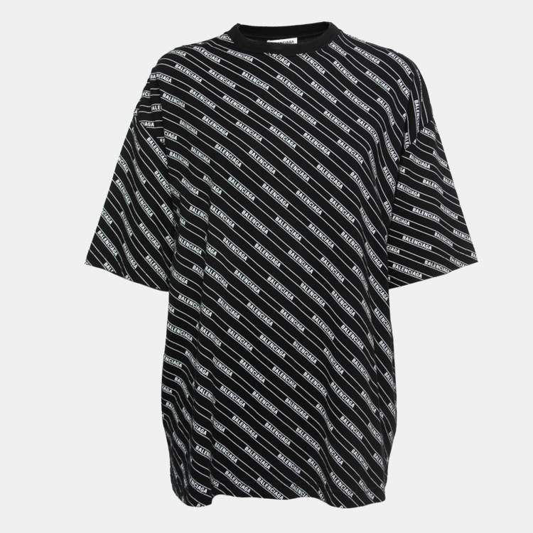 Pre Owned Balenciaga Black Logo Patterned Cotton T-Shirt M