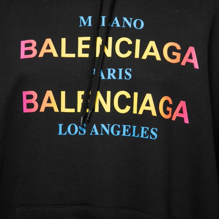 Pre Owned Balenciaga Black Cotton Multi-City Logo Print Hooded Sweatshirt M