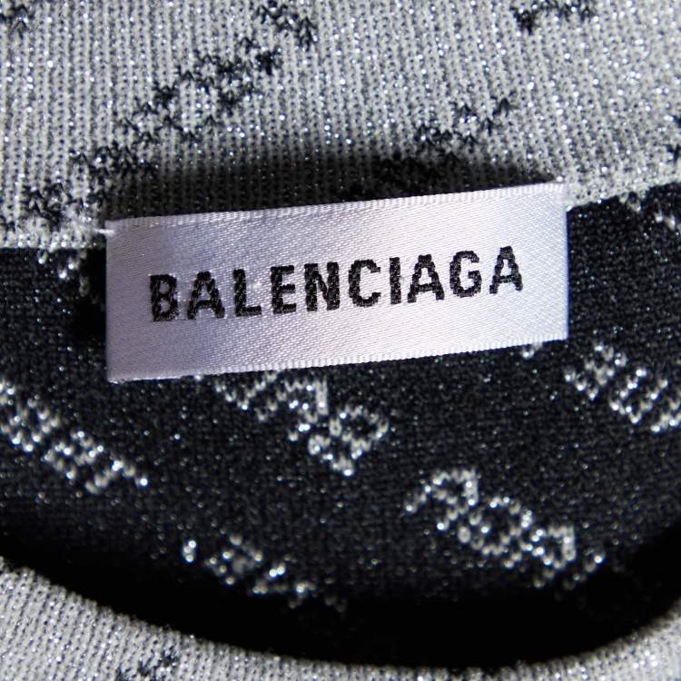Pre Owned Balenciaga Silver All Over Logo Lurex Knit Crewneck Sweater M