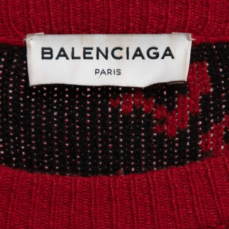 Pre Owned Balenciaga Red Logo Intarsia Knit Wool Oversize Jumper S