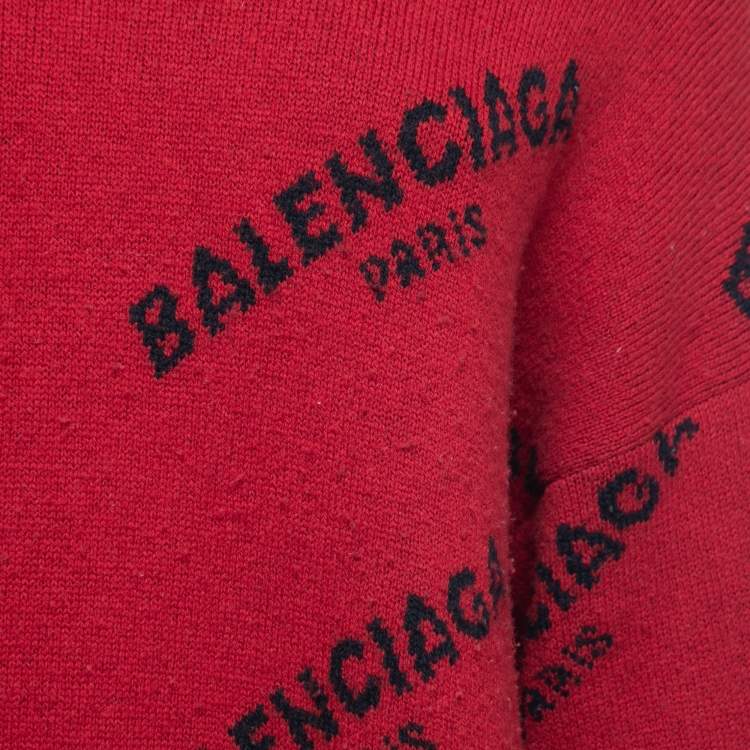 Pre Owned Balenciaga Red Logo Intarsia Knit Wool Oversize Jumper S