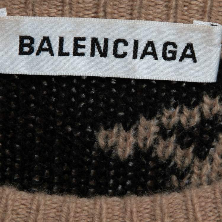 Pre Owned Balenciaga Beige Logo Intarsia Wool Knit Oversized Sweater M