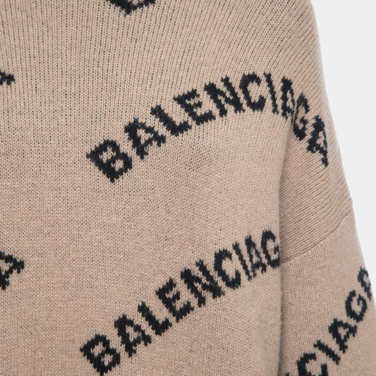 Pre Owned Balenciaga Beige Logo Intarsia Wool Knit Oversized Sweater M