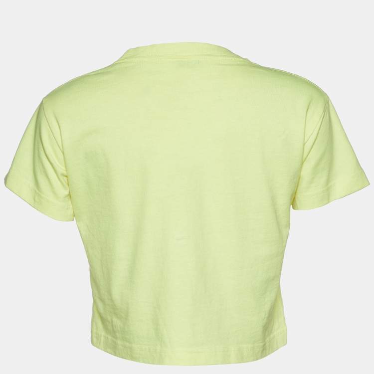 Pre Owned Balenciaga Neon Green Logo Printed Cotton Knit Crop Top M