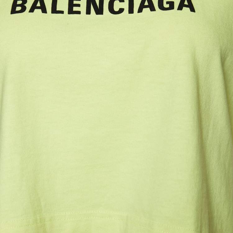 Pre Owned Balenciaga Neon Green Logo Printed Cotton Knit Crop Top M