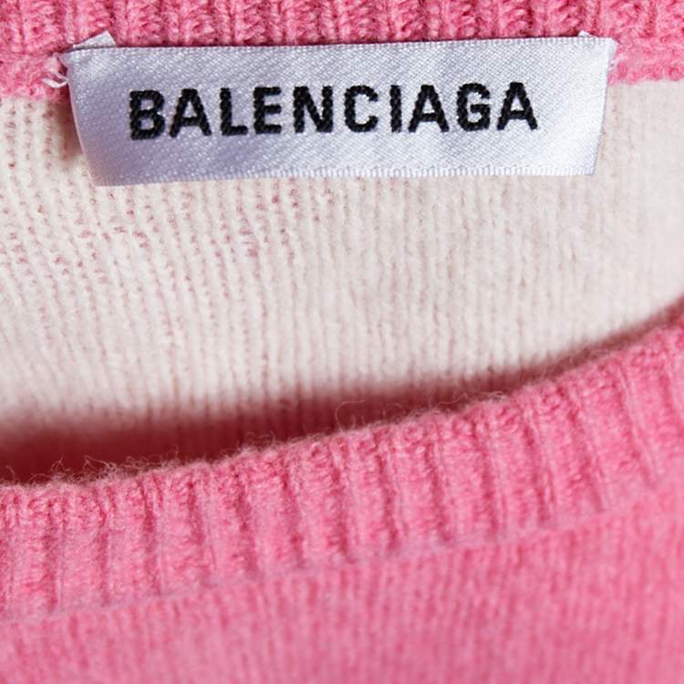 Pre Owned Balenciaga Pink Logo Intarsia Knit Wool Oversized Sweater L