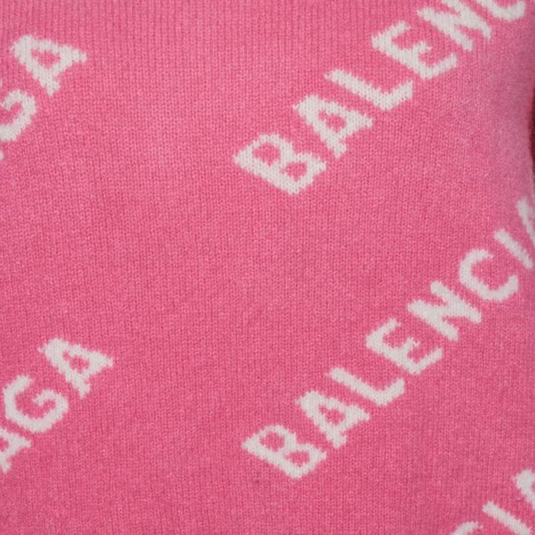 Pre Owned Balenciaga Pink Logo Intarsia Knit Wool Oversized Sweater L