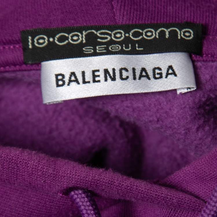 Pre Owned Balenciaga Purple Cotton Knit Logo Printed Oversized Hoodie XS