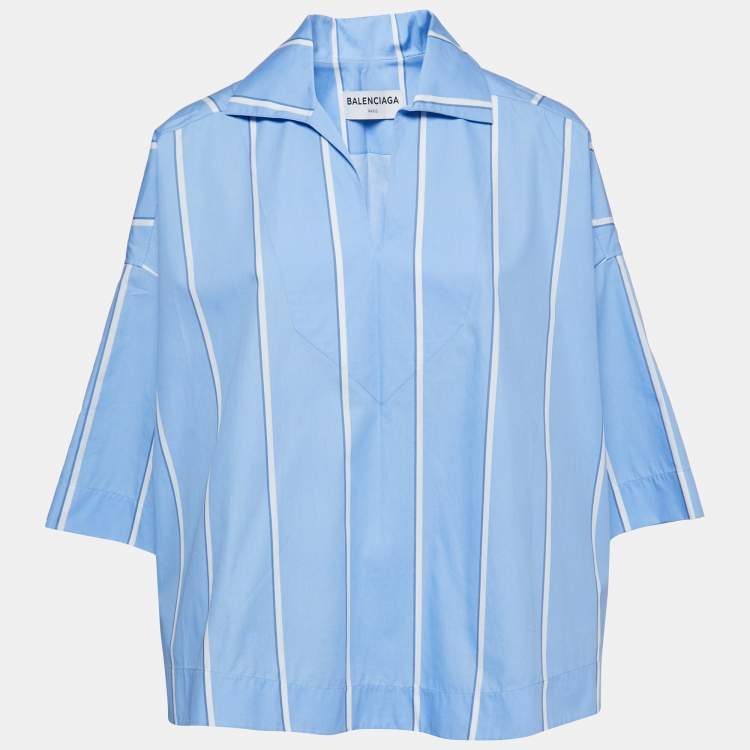 Pre Owned Balenciaga Blue Striped Cotton Oversized Tunic Top M
