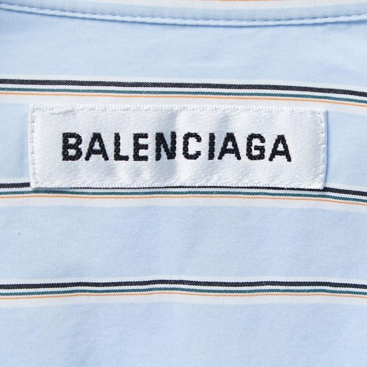 Pre Owned Balenciaga Light Blue Striped Cotton Logo Print Oversized Shirt M