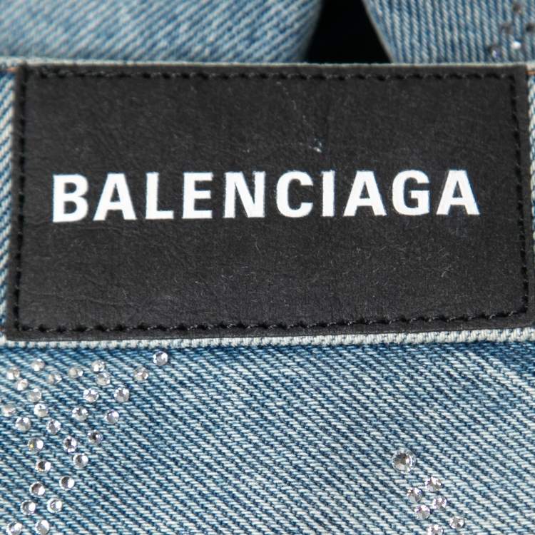 Pre Owned Balenciaga Blue Denim Rhinestone Embellished Eiffel Tower Jeans S Waist 25"