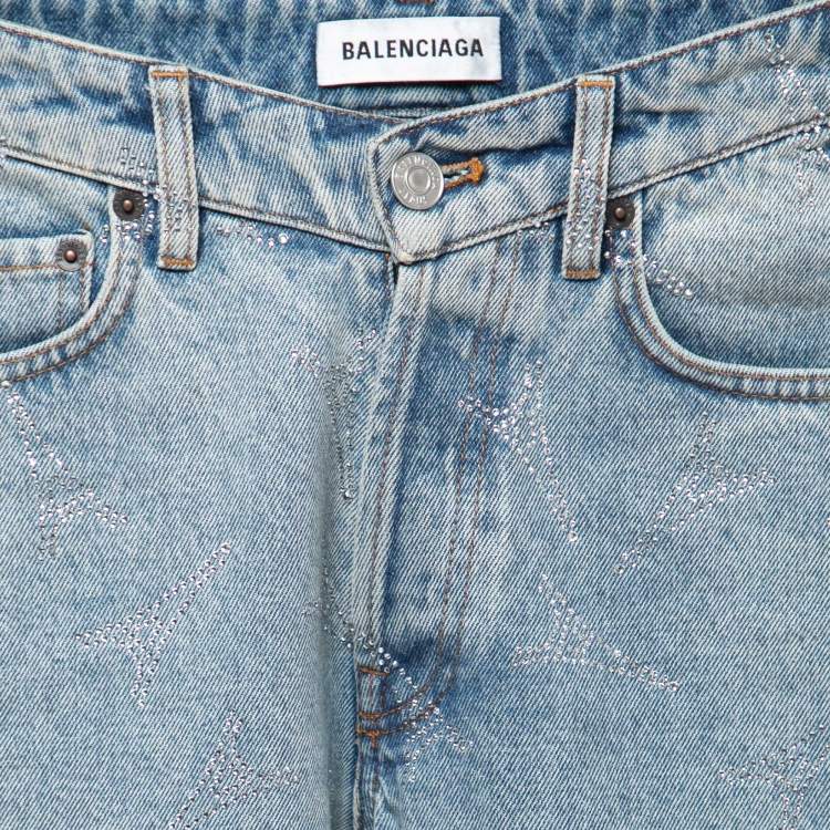 Pre Owned Balenciaga Blue Denim Rhinestone Embellished Eiffel Tower Jeans S Waist 25"