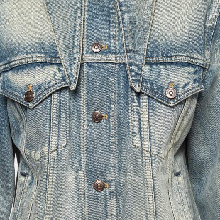 Pre Owned Balenciaga Blue Distressed Denim Oversized Collar Jacket M