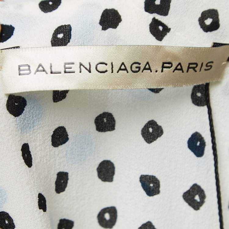 Pre Owned Balenciaga Off White Polka Dotted Crepe Sleeveless Ruched Top M