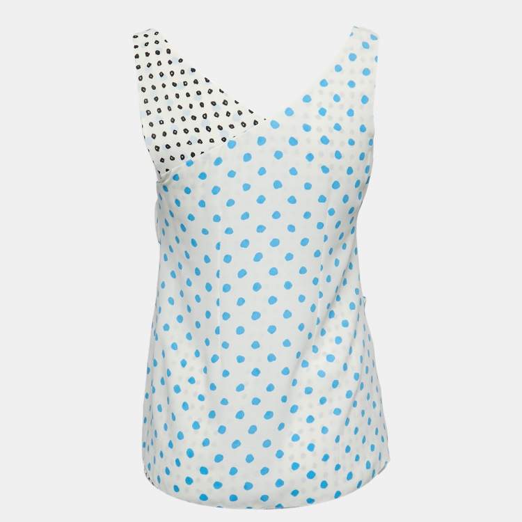 Pre Owned Balenciaga Off White Polka Dotted Crepe Sleeveless Ruched Top M