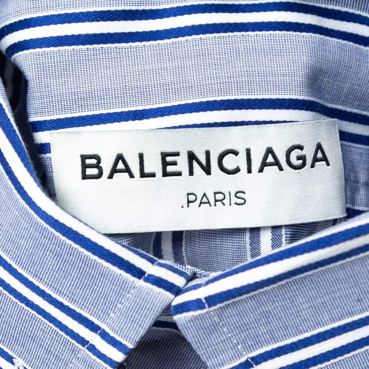 Pre Owned Balenciaga Blue Striped Cotton Oversized Shirt M