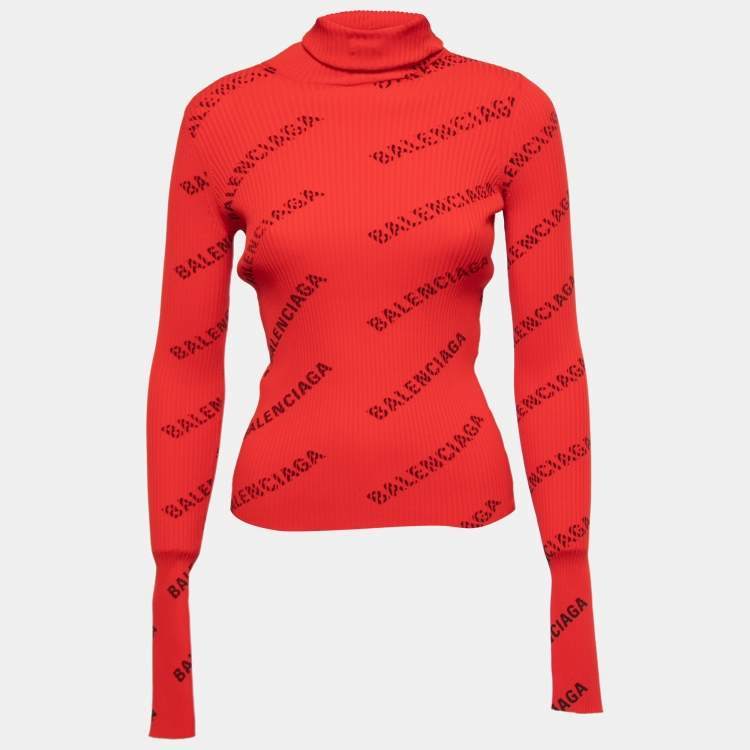 Pre Owned Balenciaga Red All Over Logo Print Rib Knit Hooded Pullover XS