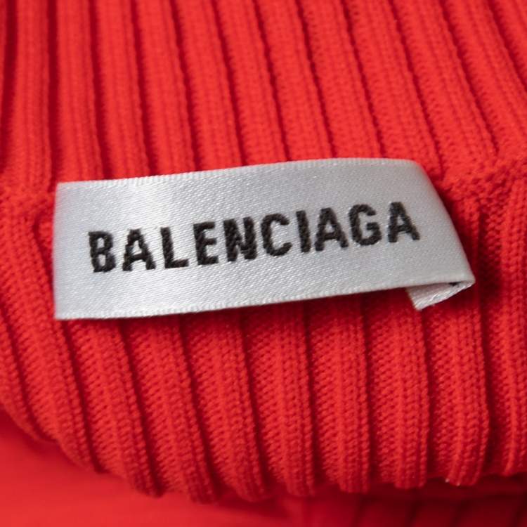 Pre Owned Balenciaga Red All Over Logo Print Rib Knit Hooded Pullover XS