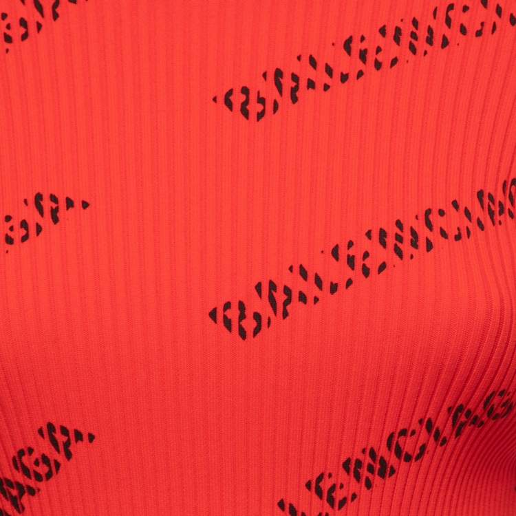 Pre Owned Balenciaga Red All Over Logo Print Rib Knit Hooded Pullover XS