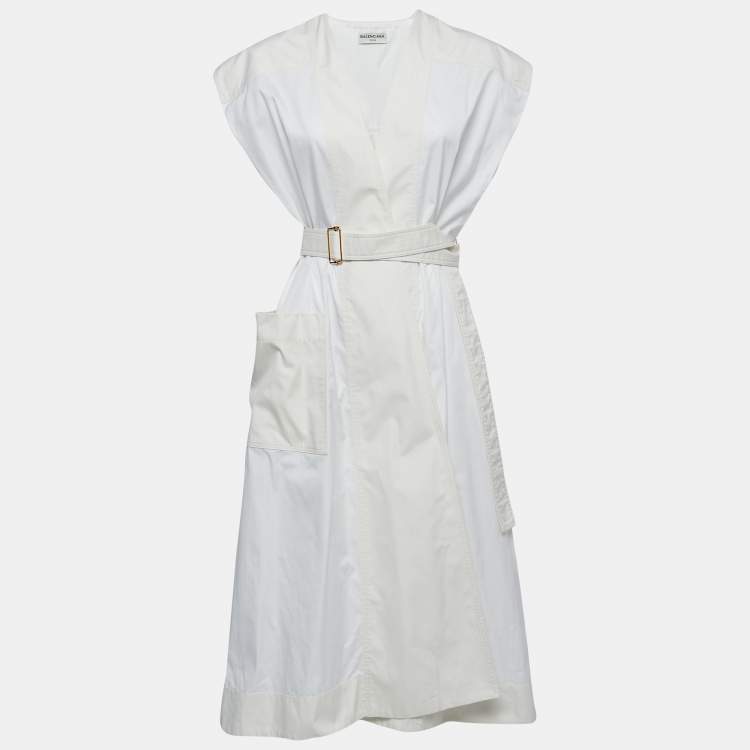 Pre Owned Balenciaga White/Beige Cotton Button Front Belted Sleeveless Midi Dress M
