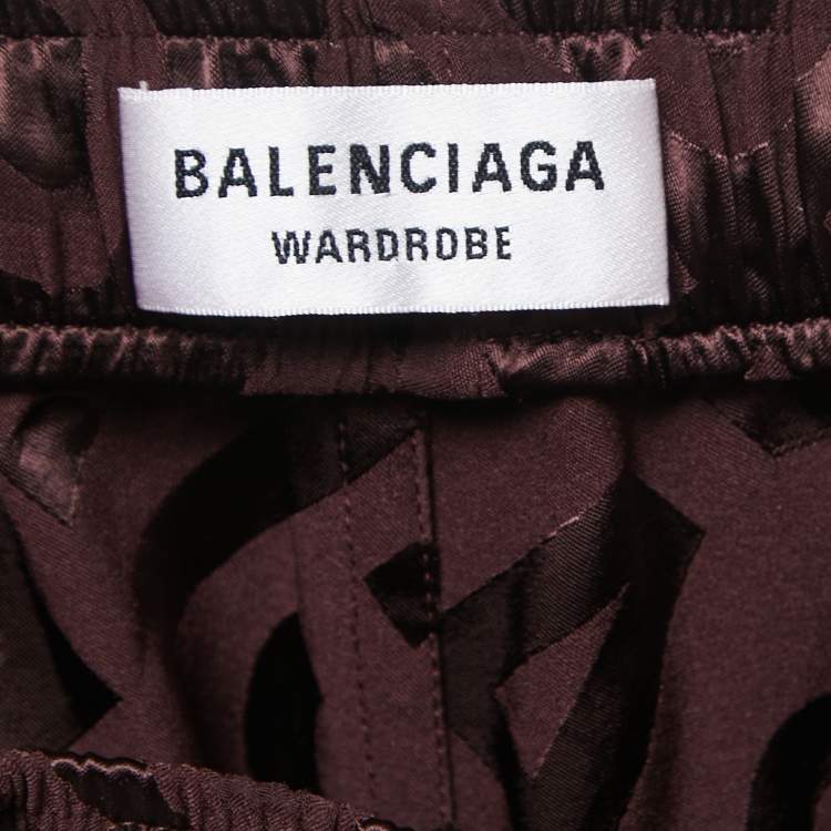 Pre Owned Balenciaga Brown All-Over Logo Patterned Satin Elasticized Waist Shorts S 