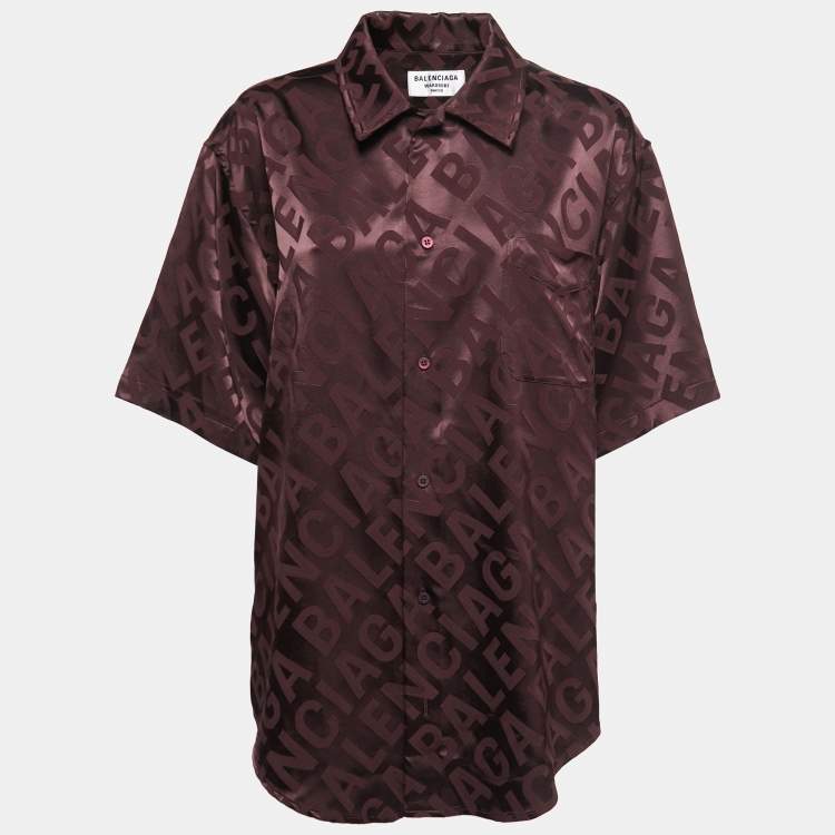 Pre Owned Balenciaga Brown All-Over Logo Patterned Satin Half Sleeve Shirt S 
